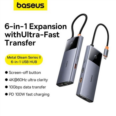 ���� ����� BASEUS 4K ������ USB 3.2 TYPE C -6 in 1 - ���� HDMI, ��� GIGABIT, ������ USB3.2 GEN2 ������ PD