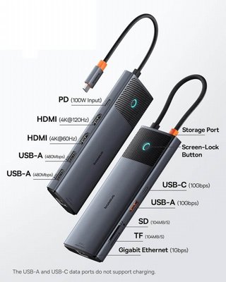 ���� ����� BASEUS ������ USB TYPE C -10 in 1 - ���� 2 ������  4K 60Hz HDMI,  ������ USB3.2, ���� �������, ��� GIGABIT  ������ PD