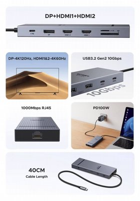 ���� ����� UGREEN ������ USB TYPE C -12 in 1 - ���� 3 ������ ���� 4K 60HZ, ����� ��� GIGABIT ETHERNET, ������  3.2 USB, ���� �������, ������ PD