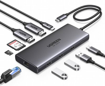 ���� ����� UGREEN ������ USB TYPE C -10 in 1 - ����  2 ������ 4K 60Hz HDMI,  ����� ��� GIGABIT ETHERNET, ������ USB, ���� �������,  ������ PD