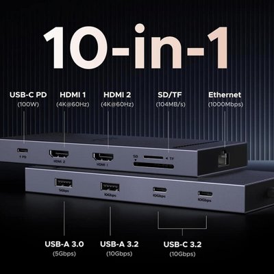 ���� ����� UGREEN ������ USB TYPE C -10 in 1 - ����  2 ������ 4K 60Hz HDMI,  ����� ��� GIGABIT ETHERNET, ������ USB, ���� �������,  ������ PD