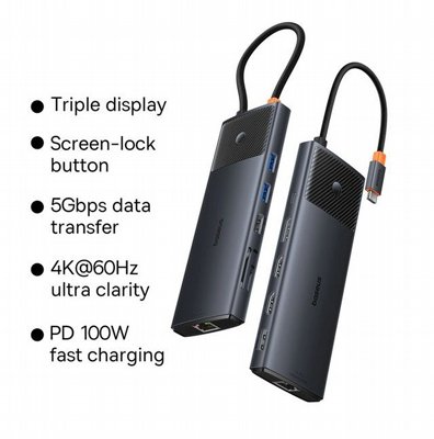 ���� ����� BASEUS ������ USB TYPE C -11 in 1 - ������ �� 3 �����, ��� GIGABIT, ����� PD, ���� USB3