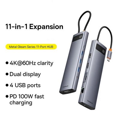 ���� ����� BASEUS ������ USB TYPE C -11 in 1 - ������ �� 2 ����� �������� ���� VGA, ��� GIGABIT, ����� PD, ���� USB3