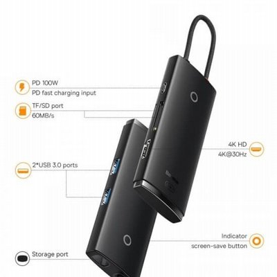 ���� ����� BASEUS ������� ������ USB TYPE C -6 in 1 - ���� HDMI, ���� �������, ������ USB3.0 ������ PD